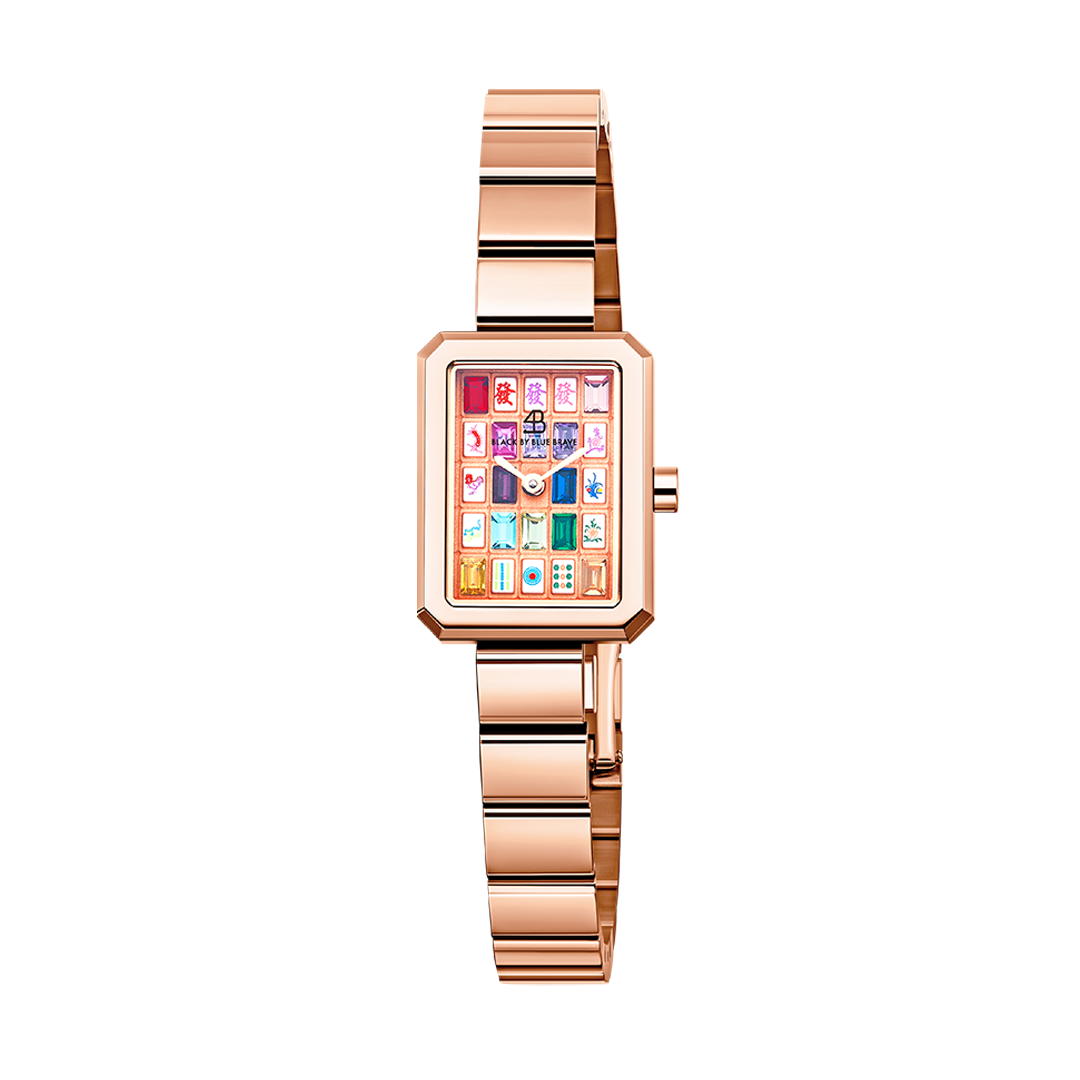 Mahjong 20*26mm Rainbow Crystal Dial Rose Gold Bracelet Watch - 4B1312 - front - Black By Blue Brave