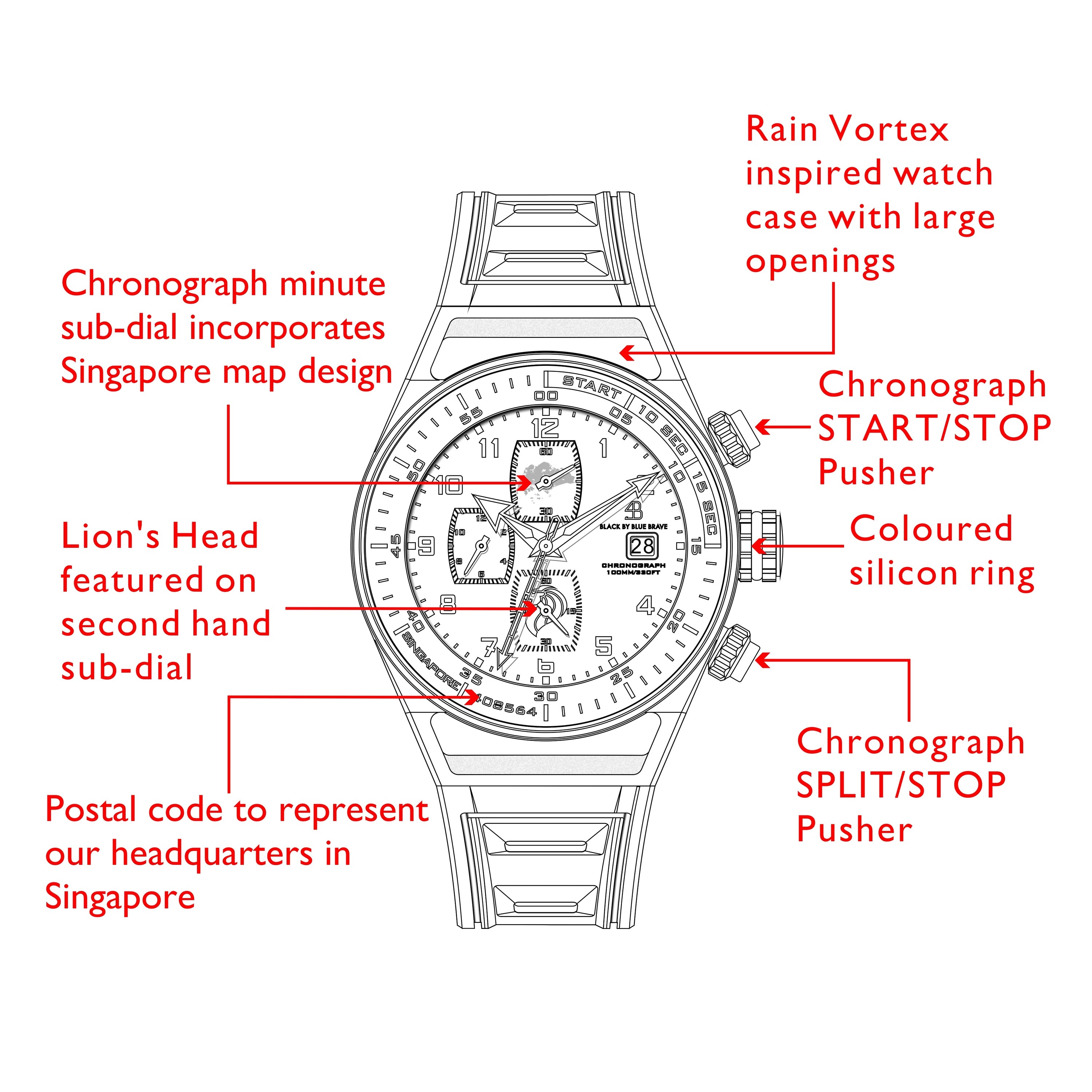 Merlion II 41mm Silver Singapore Dial Chronograph Green Silicon Strap Watch - 4B8317 - Selling point map - Black By Blue Brave