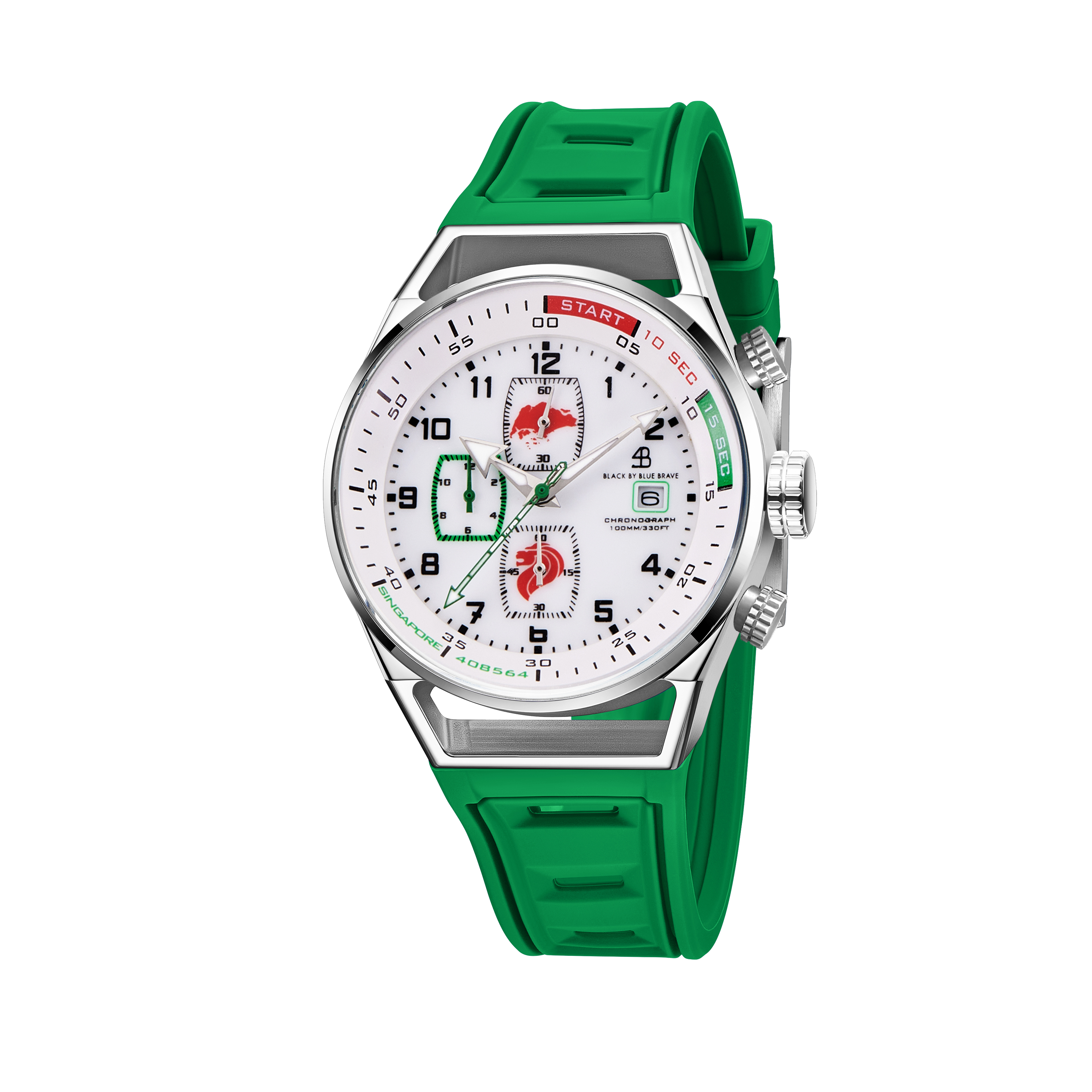 Merlion II 41mm Silver Singapore Dial Chronograph Green Silicon Strap Watch - 4B8317 - front - Black By Blue Brave