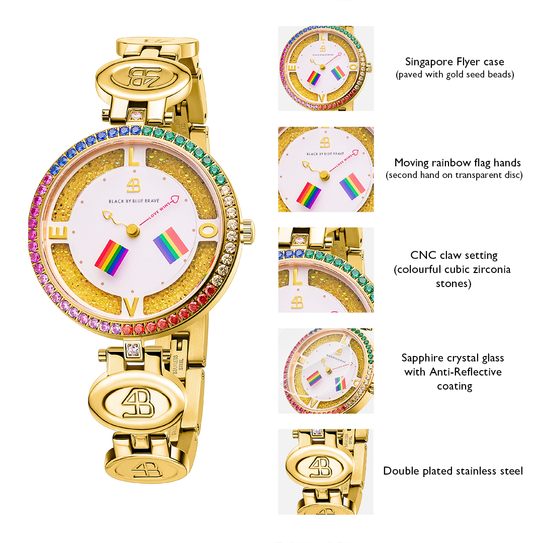 Love Wins 34mm Gold Dial Moving Rainbow Flag Bracelet Watch - BLACK BY BLUE BRAVE