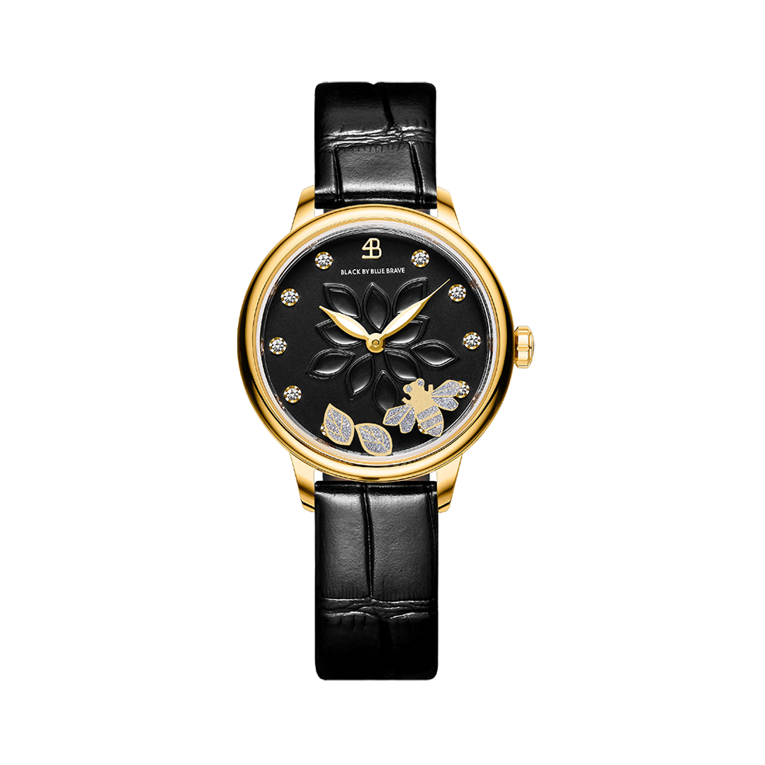Water Lily 34mm Black Dial Moving Bees Leather Strap Watch - 4B11108 - front - Black By Blue Brave