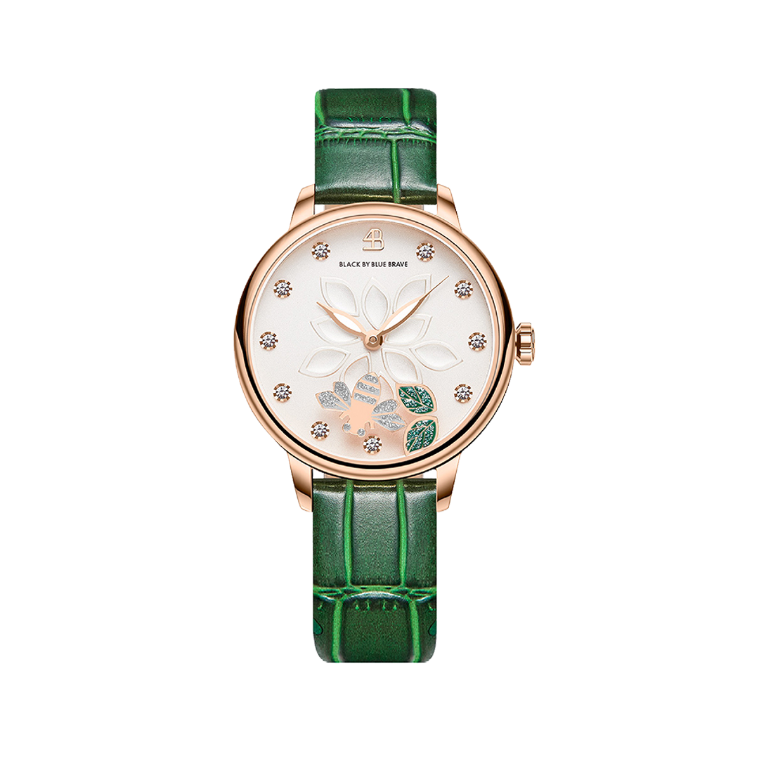 Water Lily 34mm White Dial Moving Bees Green Leather Strap Watch - 4B11109 - front - Black By Blue Brave