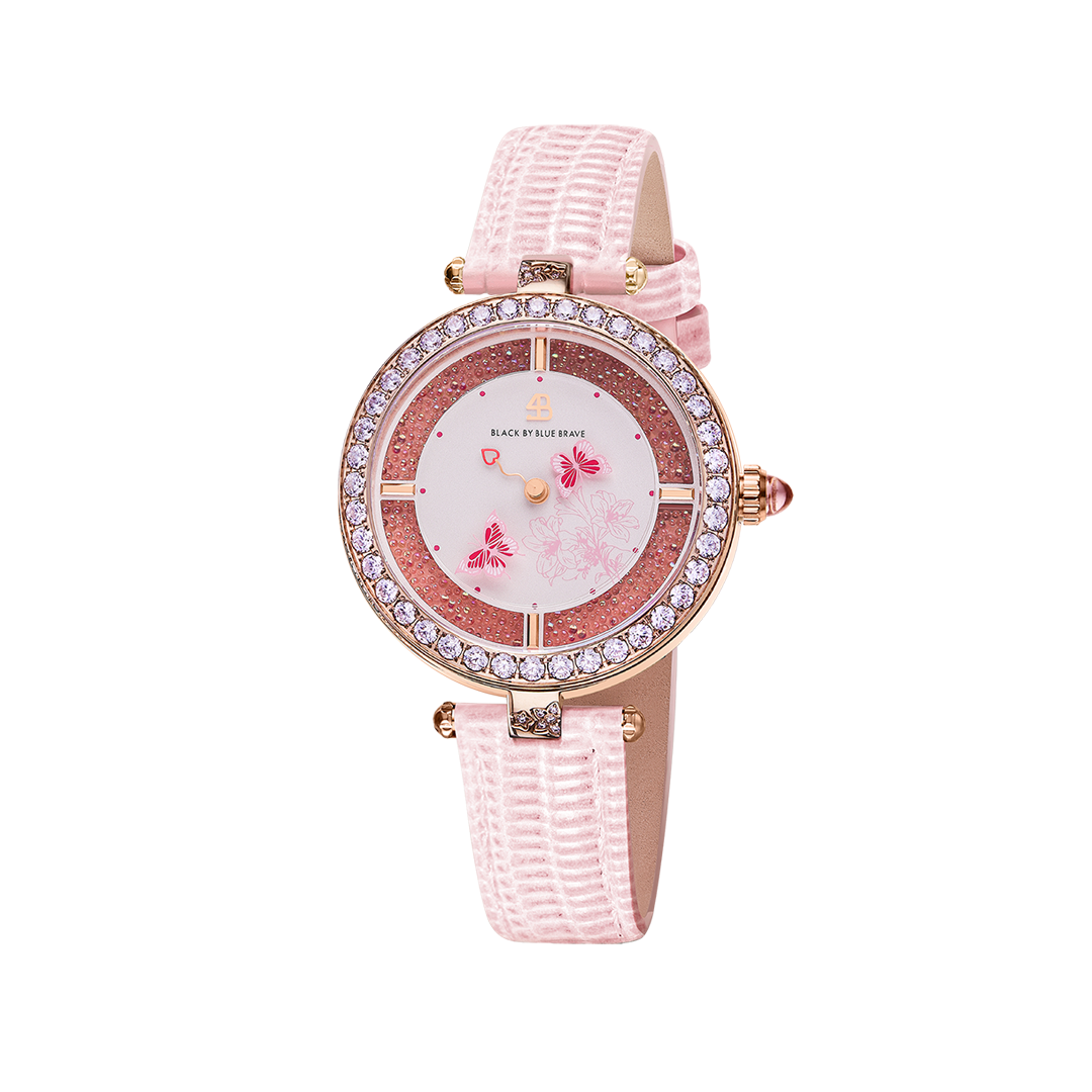 Butterfly Lovers 34mm Pink Dial Leather Strap Watch & Rose Gold 3-Link Bracelet Strap - BLACK BY BLUE BRAVE
