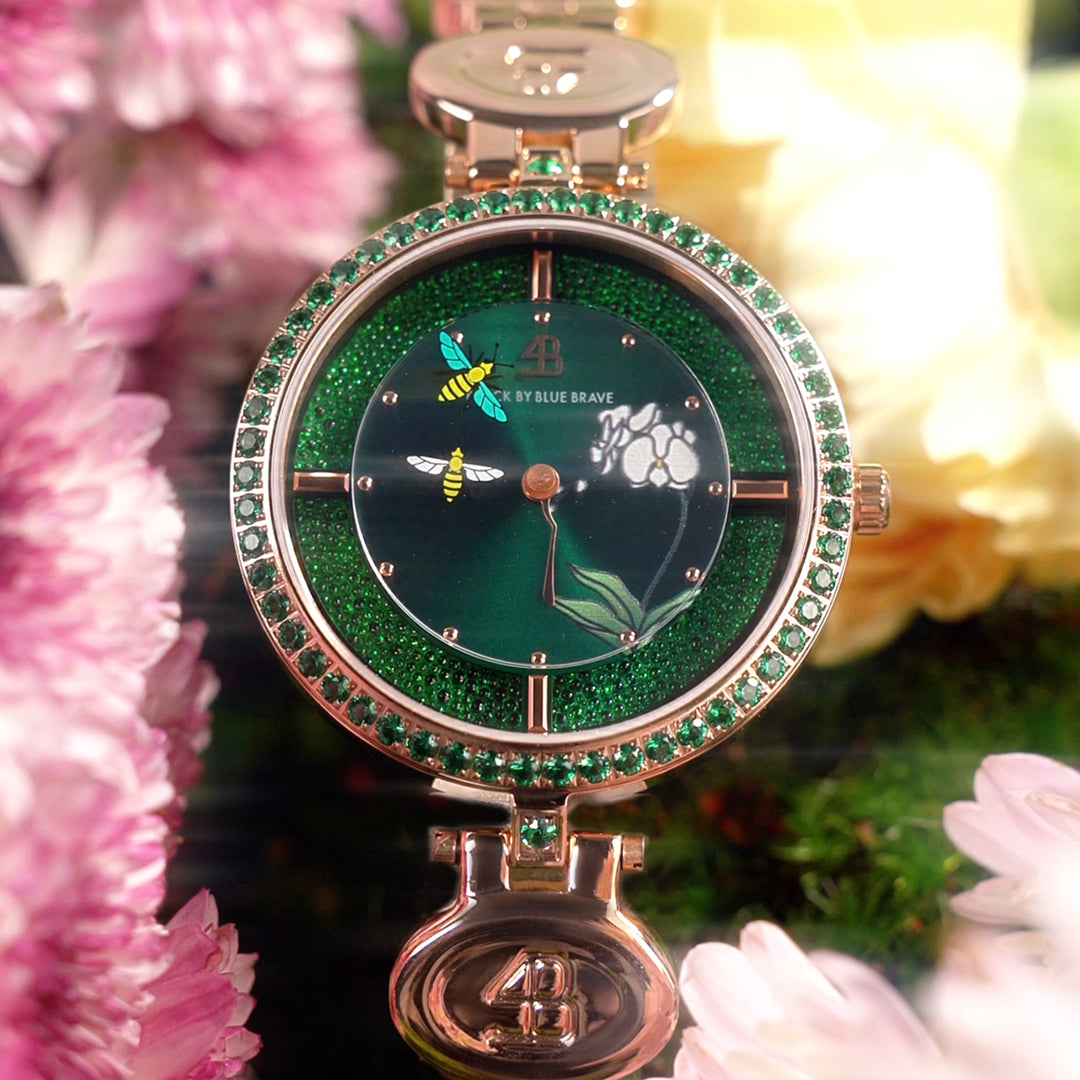 Honey Bee 34mm Green Dial Moving Bees Rose Gold Bracelet Watch - BLACK BY BLUE BRAVE