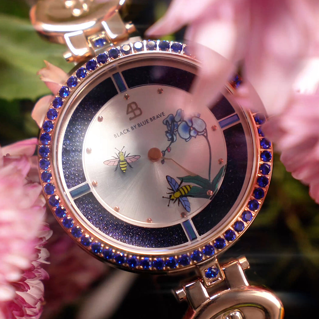 Honey Bee 34mm Blue Dial Moving Bees Rose Gold Bracelet Watch - BLACK BY BLUE BRAVE