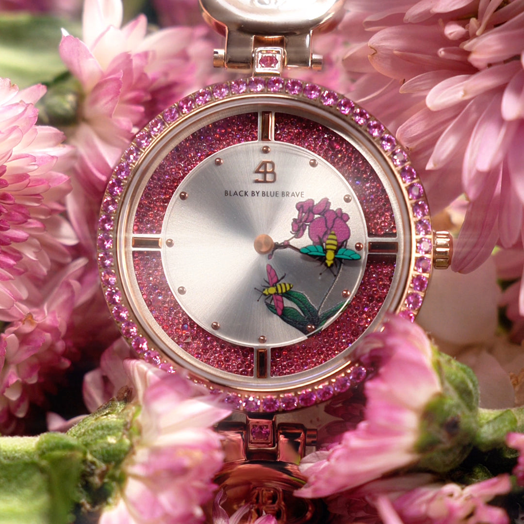 Honey Bee 34mm Ruby Red Dial Moving Bees Rose Gold Bracelet Watch - BLACK BY BLUE BRAVE
