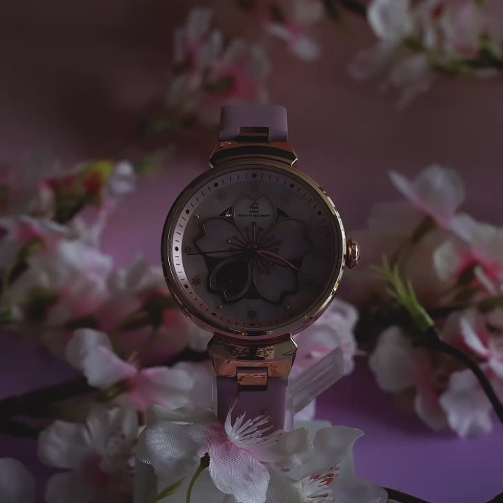 Women's Watches-Pink Cherry Blossom Automatic Watch-Leather Strap Watch
