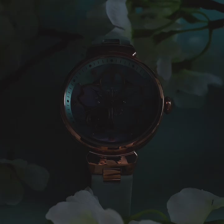 Women's Watches-Blue Cherry Blossom Automatic Watch-Leather Strap Watch