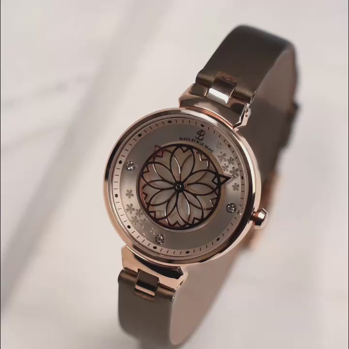 Women's Watches-Champagne Cherry Blossom Watch-Leather Strap Watch